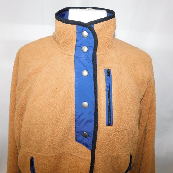 American Eagle Snap Front Sherpa Fleece Jacket Blue Tan Brown Womens XS - Picture 3 of 11